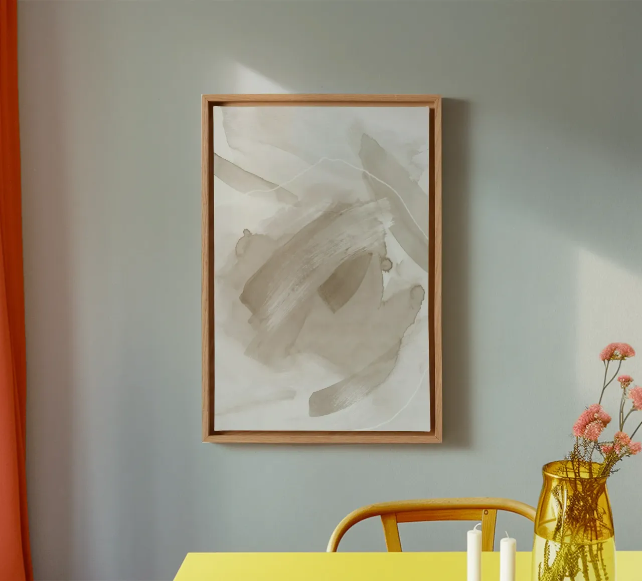 Penseelstreken beige tinten 2 canvas met Baklijst van NouveauPrints