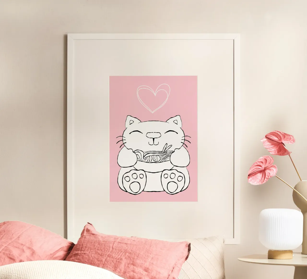 Katze Ramen Doodle Rosa poster con telaio in legno da BAINAI KIDS