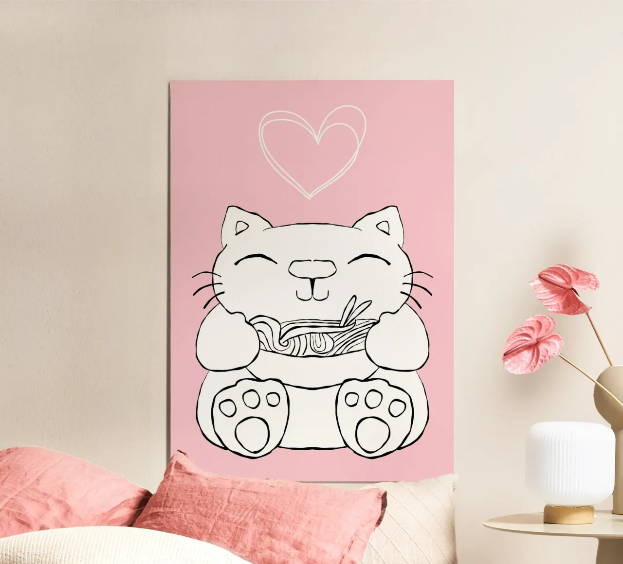 Katze Ramen Doodle Rosa poster con telaio in legno da BAINAI KIDS