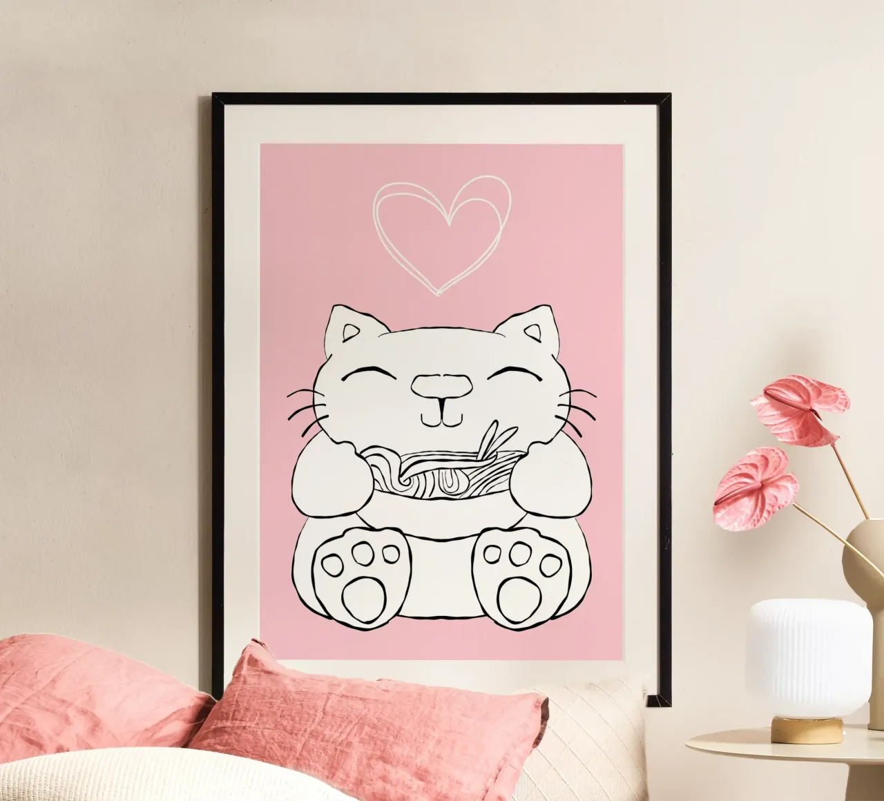 Katze Ramen Doodle Rosa poster con telaio in legno da BAINAI KIDS