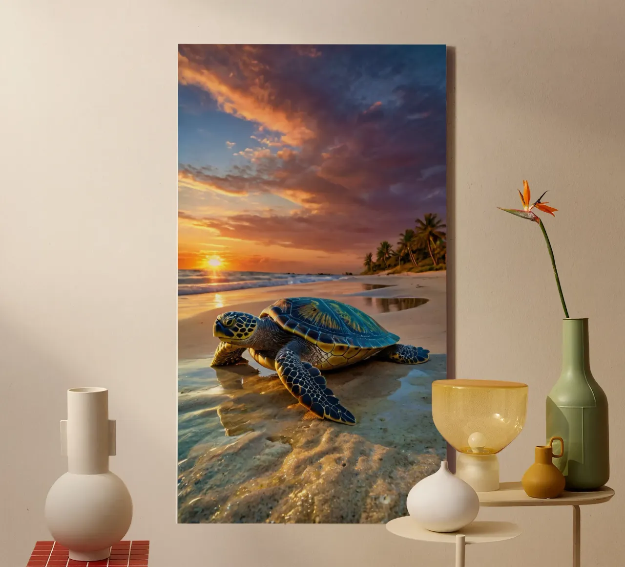 Een zeeschildpad duikt op uit de oceaan bij zonsondergang zandstrand canvas van DesignDoodle