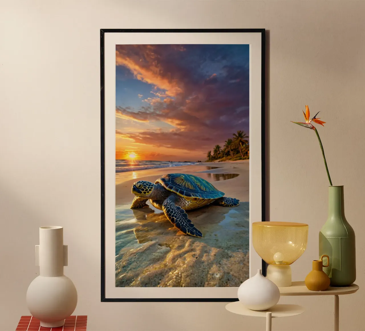 Una tartaruga marina emerge dall'oceano sulla spiaggia sabbiosa del tramonto poster da DesignDoodle