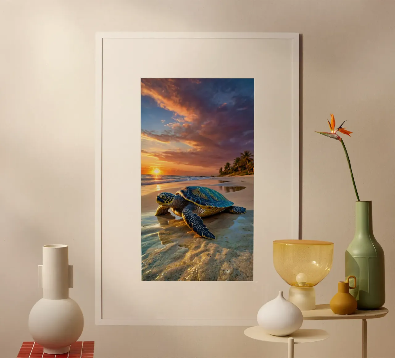 Una tartaruga marina emerge dall'oceano sulla spiaggia sabbiosa del tramonto poster da DesignDoodle