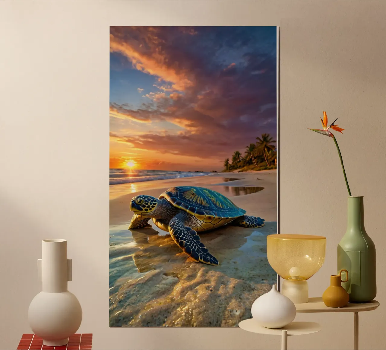 Una tartaruga marina emerge dall'oceano sulla spiaggia sabbiosa del tramonto poster da DesignDoodle
