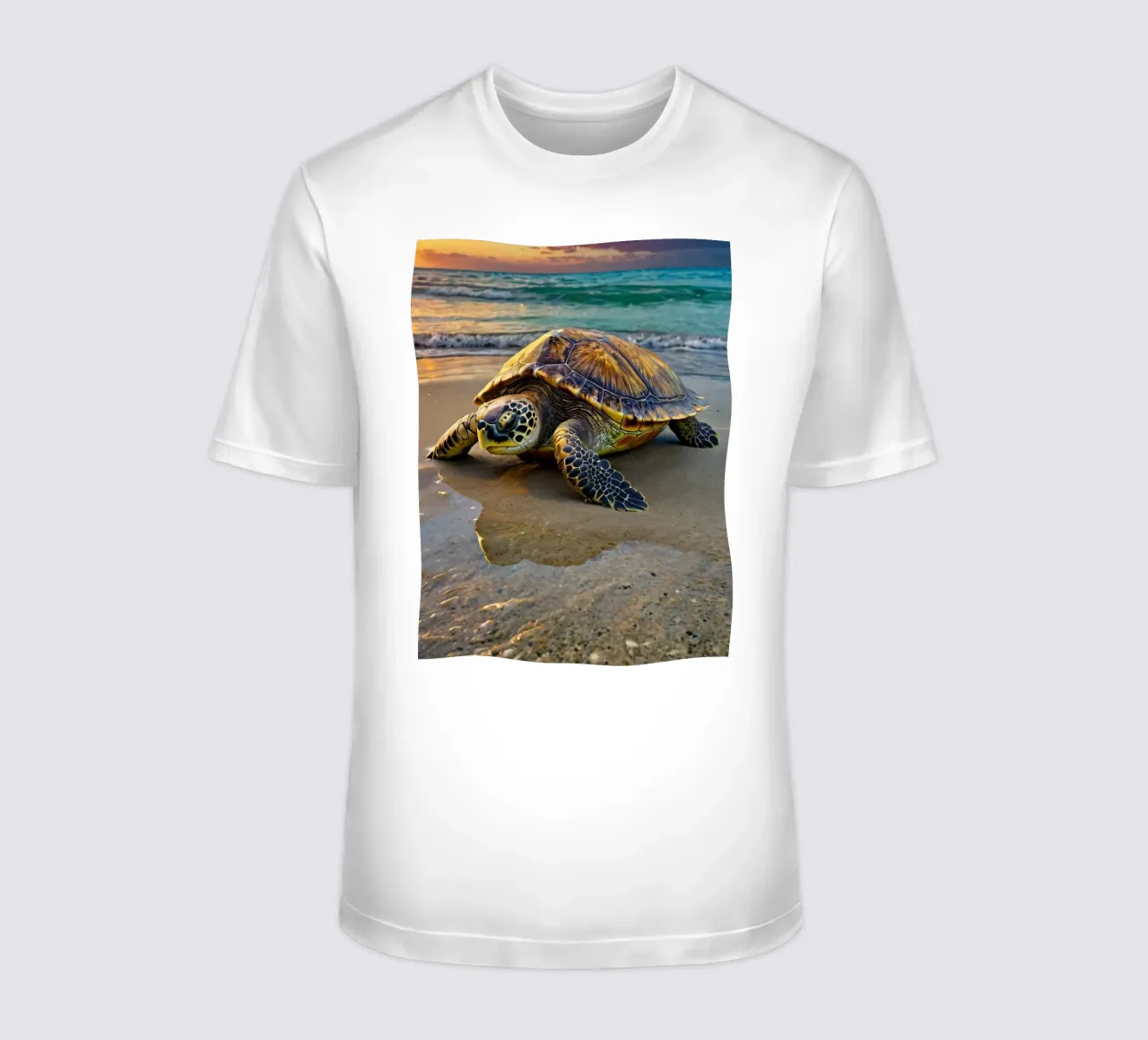 A sea turtle crawling on the sandy beach during a colorful t-shirt by DesignDoodle