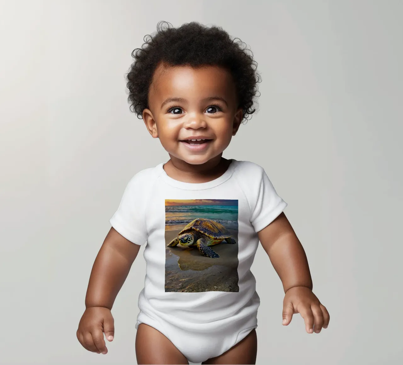 A sea turtle crawling on the sandy beach during a colorful short-sleeve baby romper by DesignDoodle