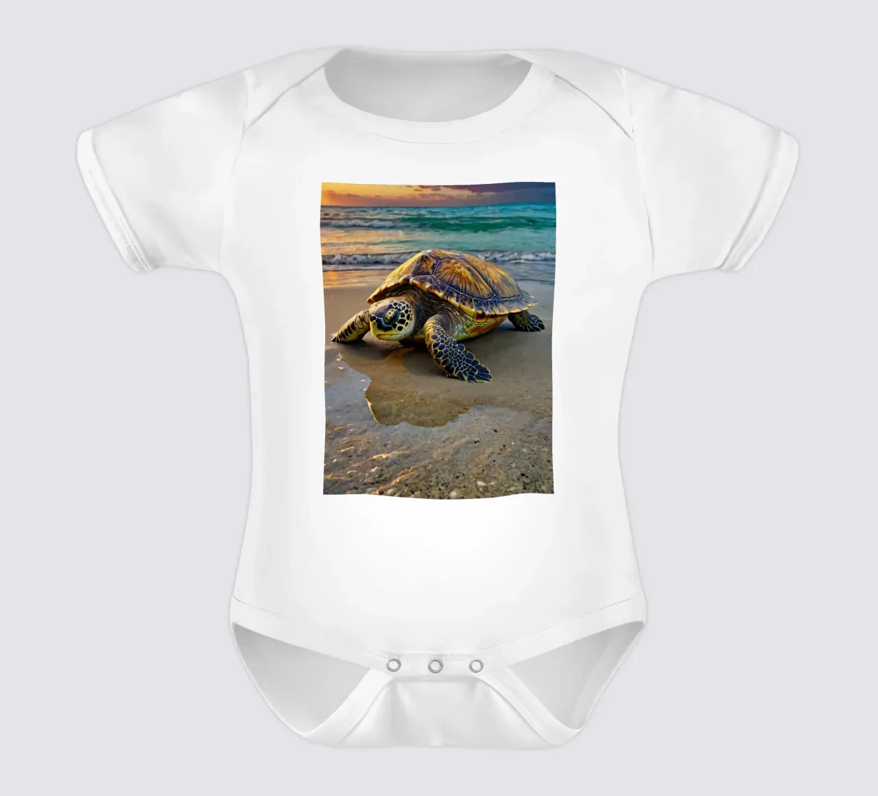 A sea turtle crawling on the sandy beach during a colorful short-sleeve baby romper by DesignDoodle