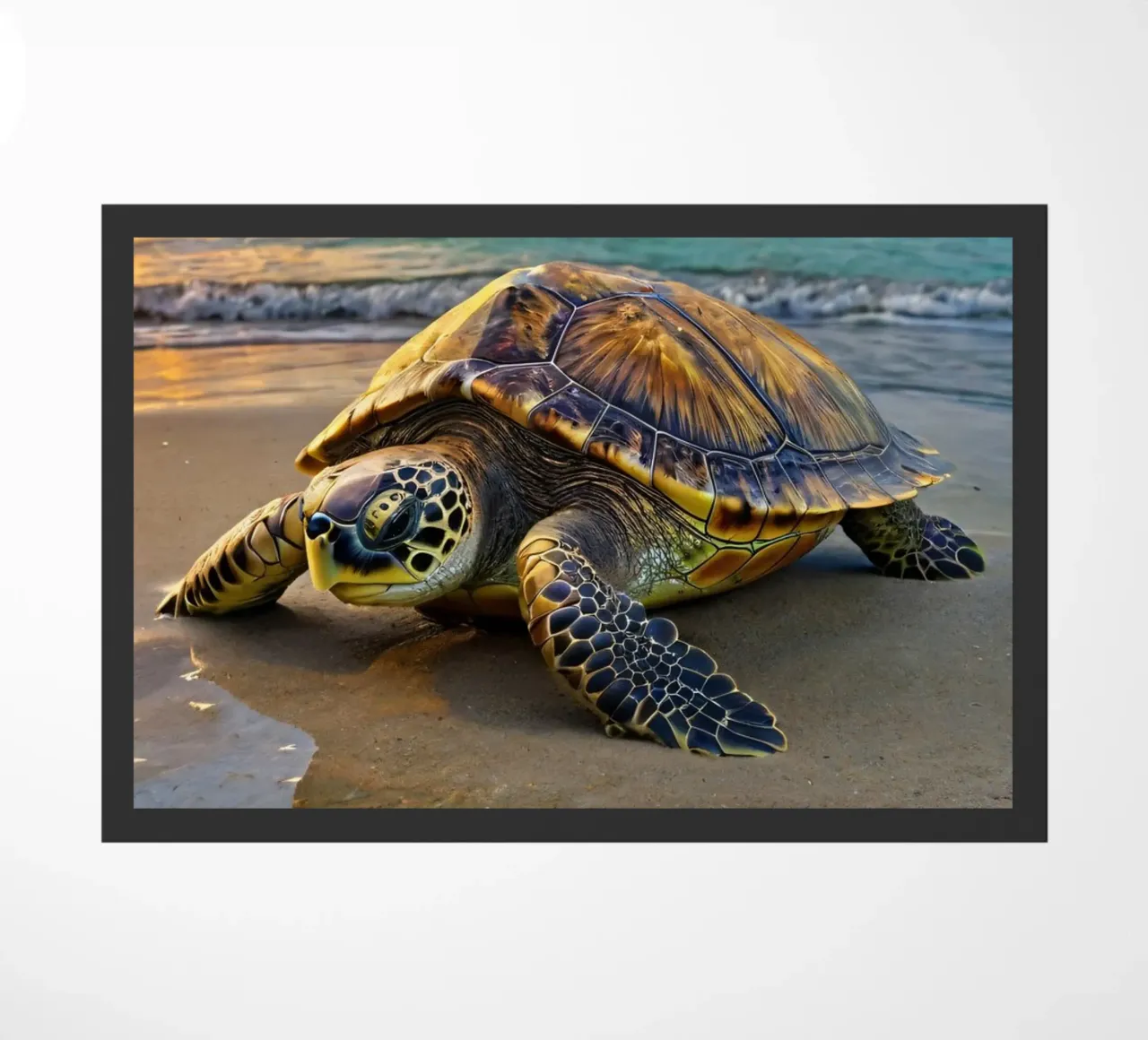 Une tortue de mer rampant sur la plage de sable lors d'une journée colorée. paillasson de DesignDoodle