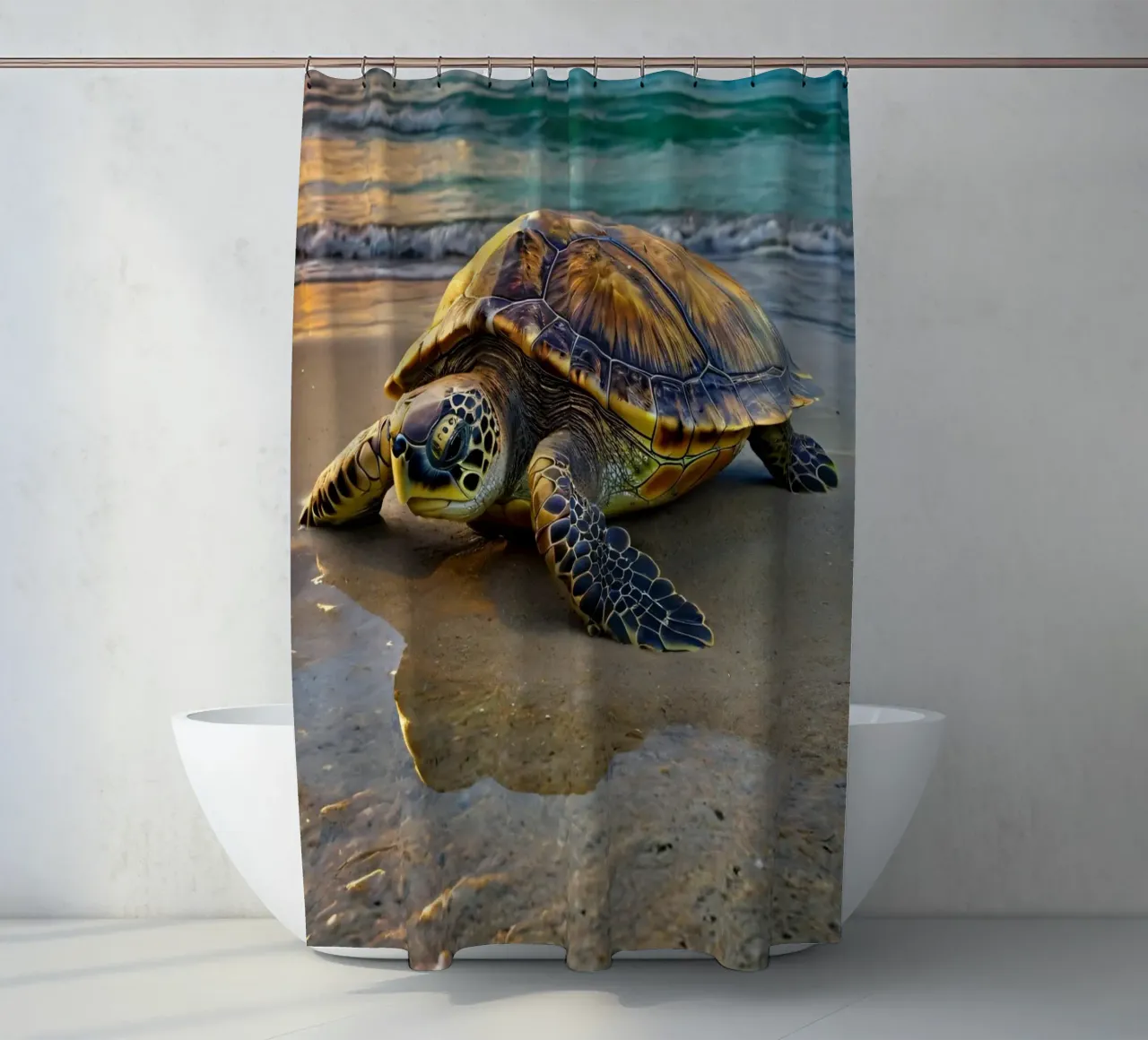 Eine Meeresschildkröte krabbelt am Sandstrand während einer bunten Duschvorhang von DesignDoodle