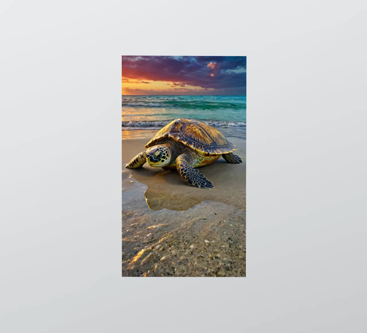 Une tortue de mer rampant sur la plage de sable lors d'une journée colorée. autocollant de DesignDoodle