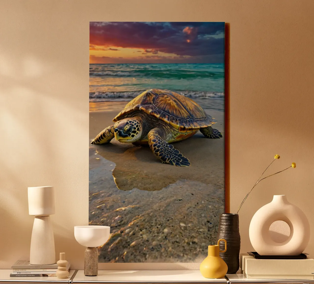 A sea turtle crawling on the sandy beach during a colorful canvas by DesignDoodle