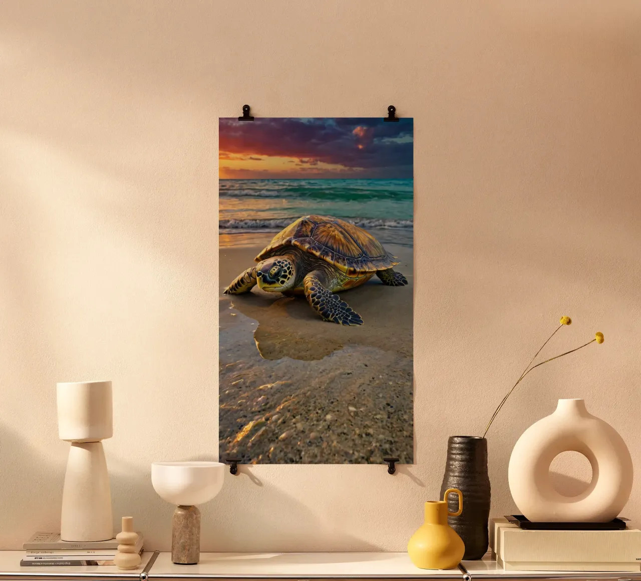 A sea turtle crawling on the sandy beach during a colorful hahnemühle by DesignDoodle