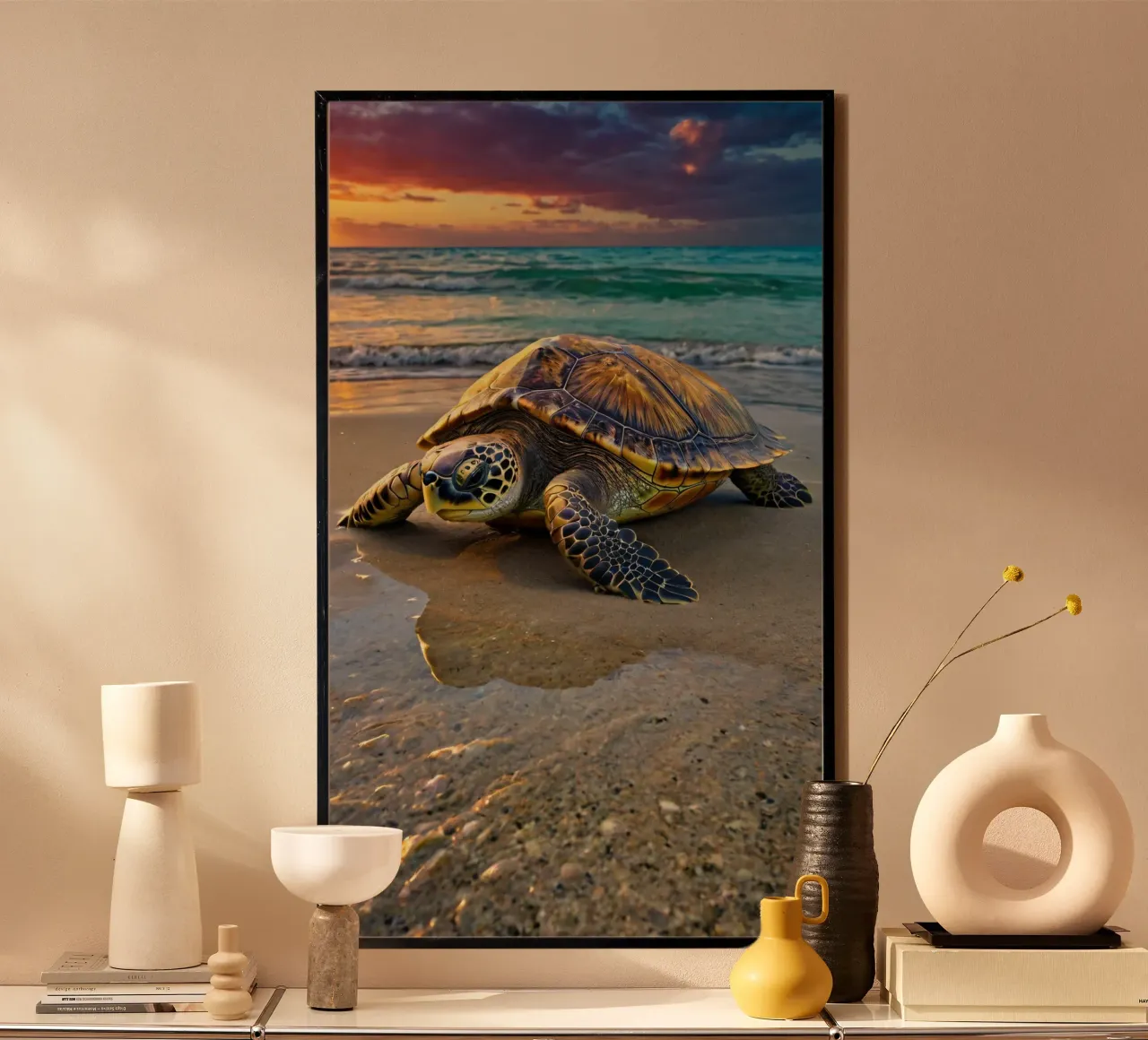 A sea turtle crawling on the sandy beach during a colorful hahnemühle by DesignDoodle