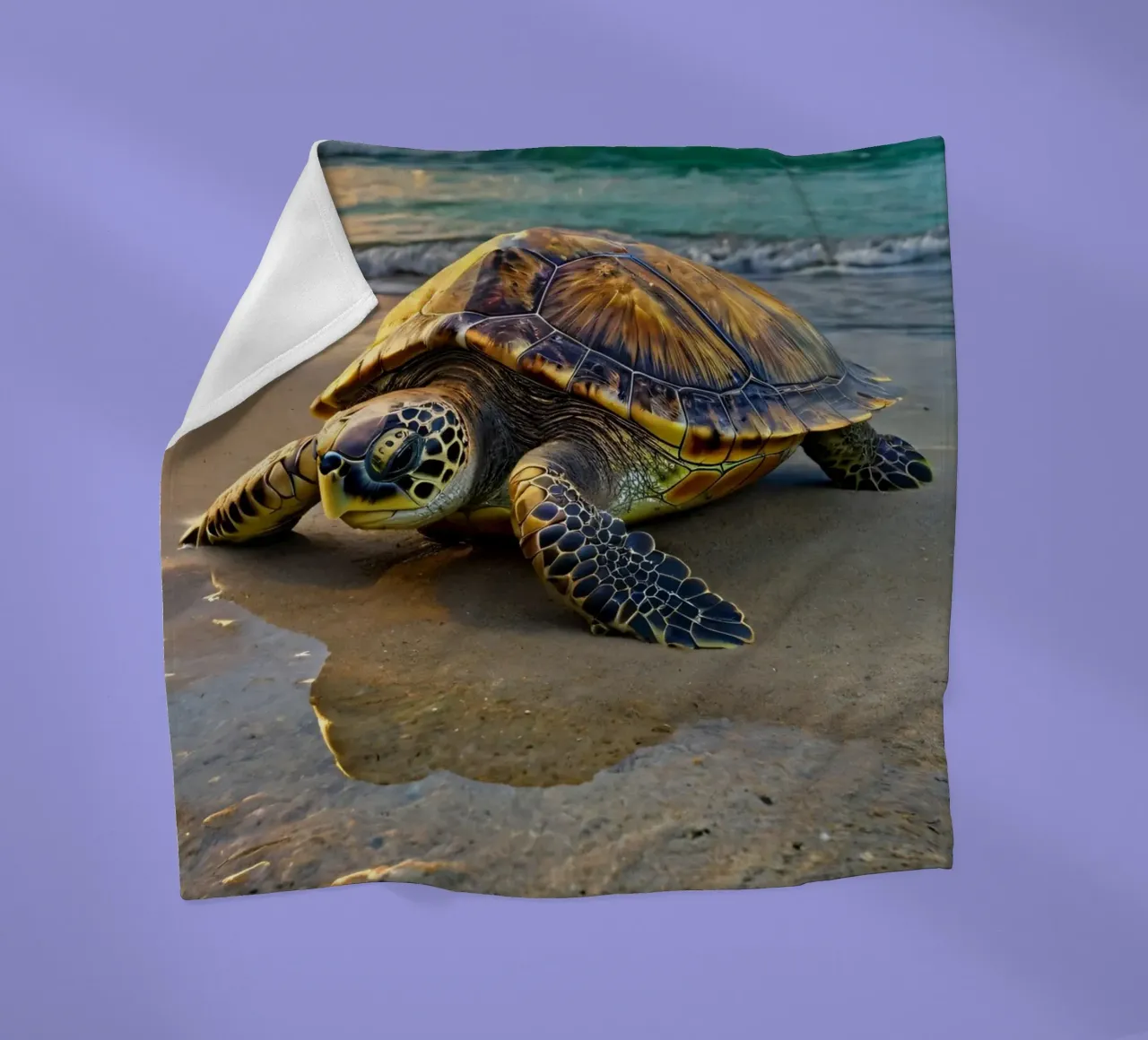 A sea turtle crawling on the sandy beach during a colorful fleece blanket by DesignDoodle