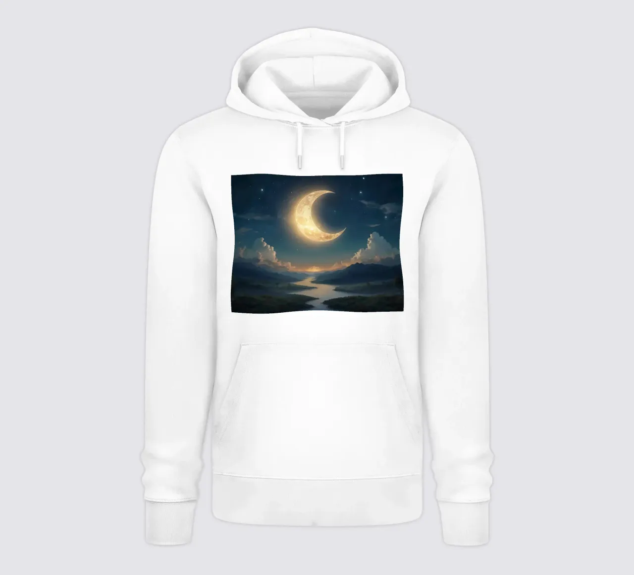 Un atardecer tranquilo con una luna creciente luminosa iluminando sudadera con capucha de DesignDoodle