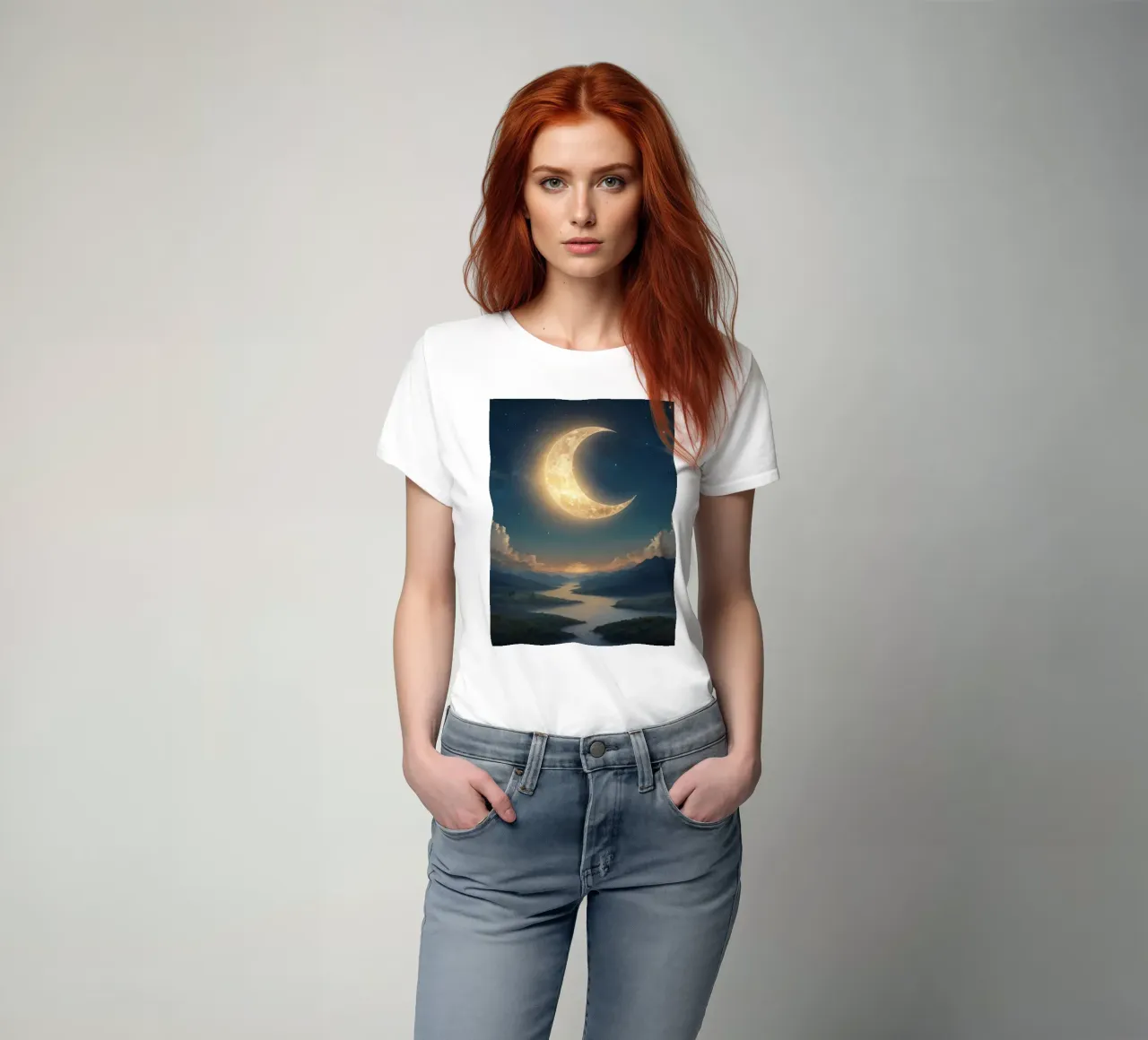 Un atardecer tranquilo con una luna creciente luminosa iluminando camiseta de DesignDoodle