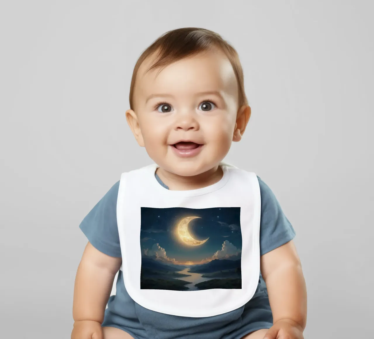 Un atardecer tranquilo con una luna creciente luminosa iluminando babero de DesignDoodle