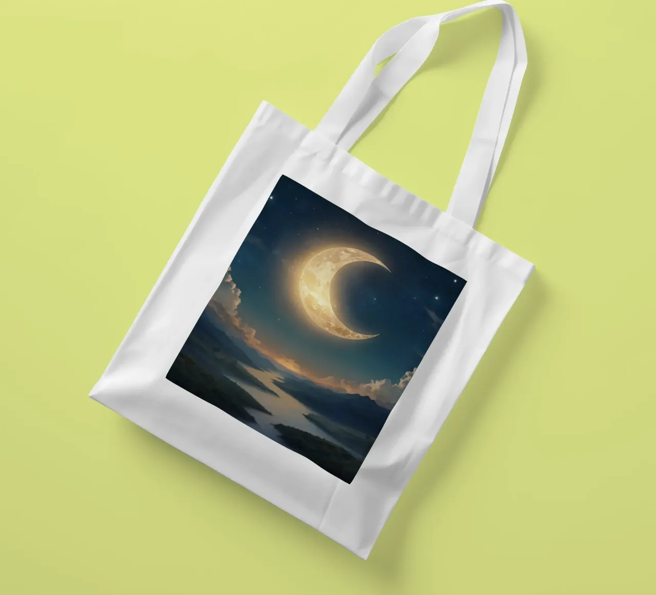 A tranquil evening with a luminous crescent moon illuminatin tote bag by DesignDoodle