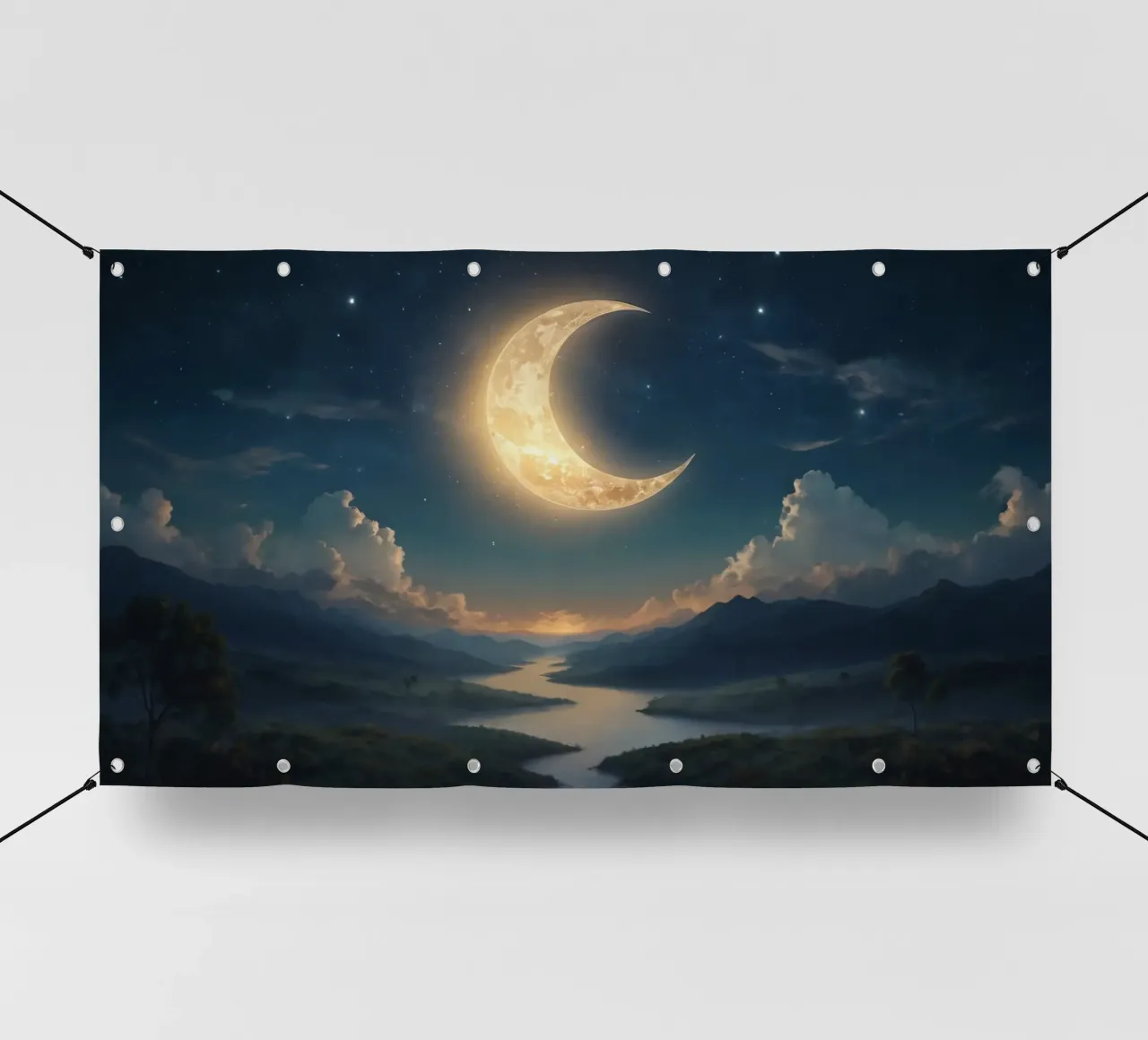 Un atardecer tranquilo con una luna creciente luminosa iluminando lonas publicitarias de DesignDoodle