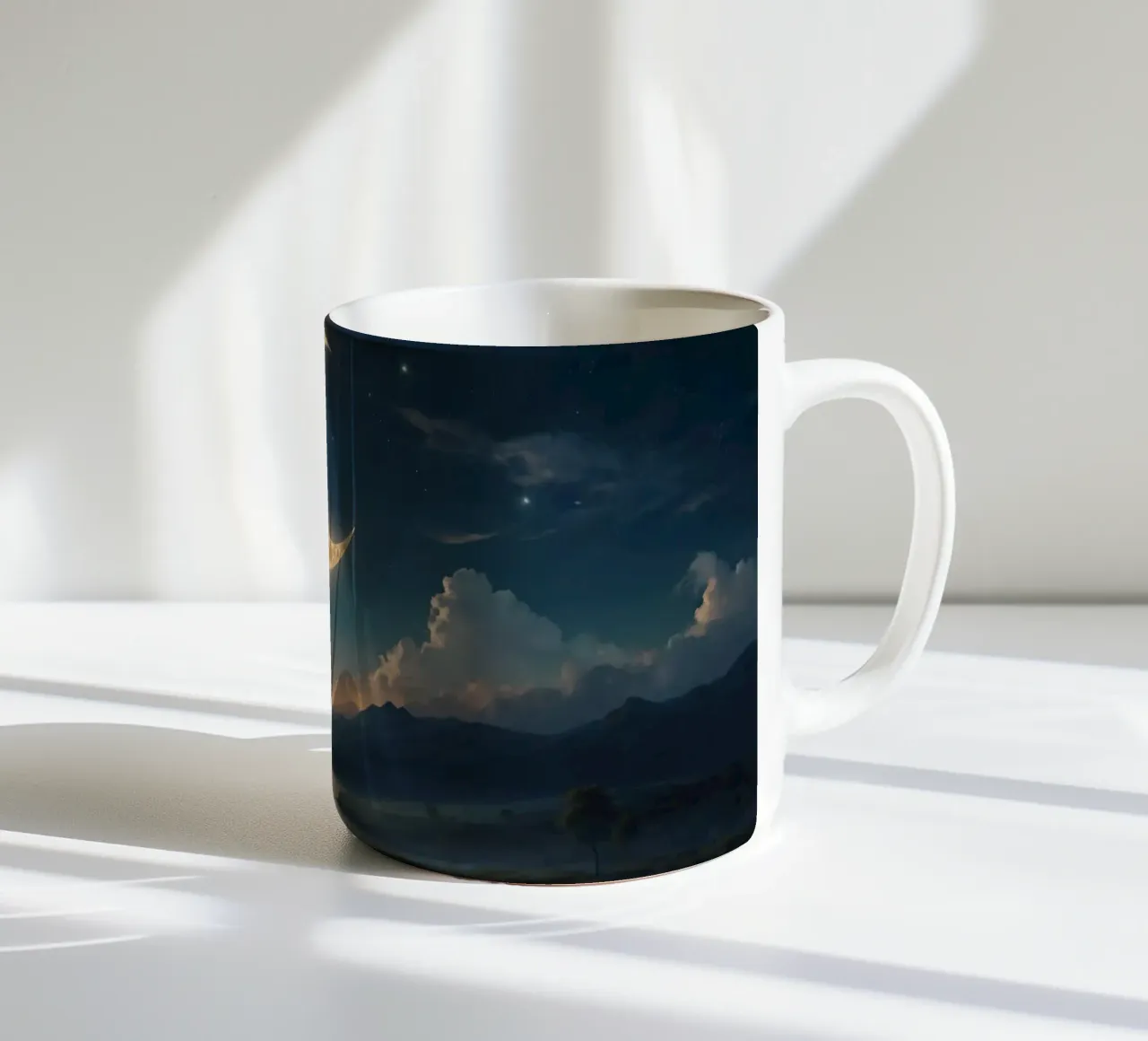 Un atardecer tranquilo con una luna creciente luminosa iluminando taza de cerámica de DesignDoodle