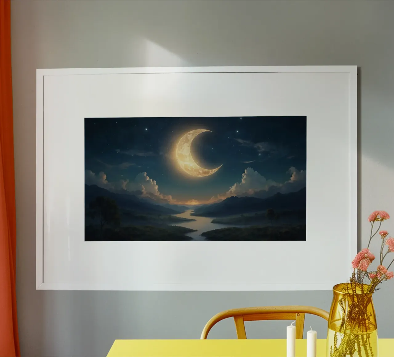 Un atardecer tranquilo con una luna creciente luminosa iluminando hahnemühle de DesignDoodle