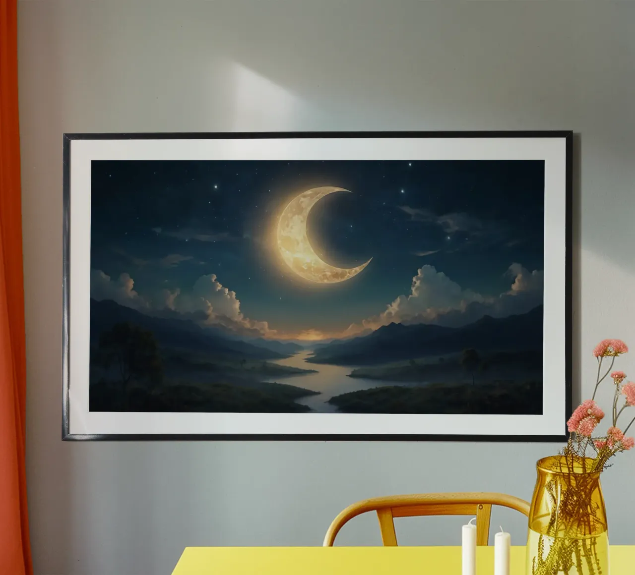 Un atardecer tranquilo con una luna creciente luminosa iluminando hahnemühle de DesignDoodle