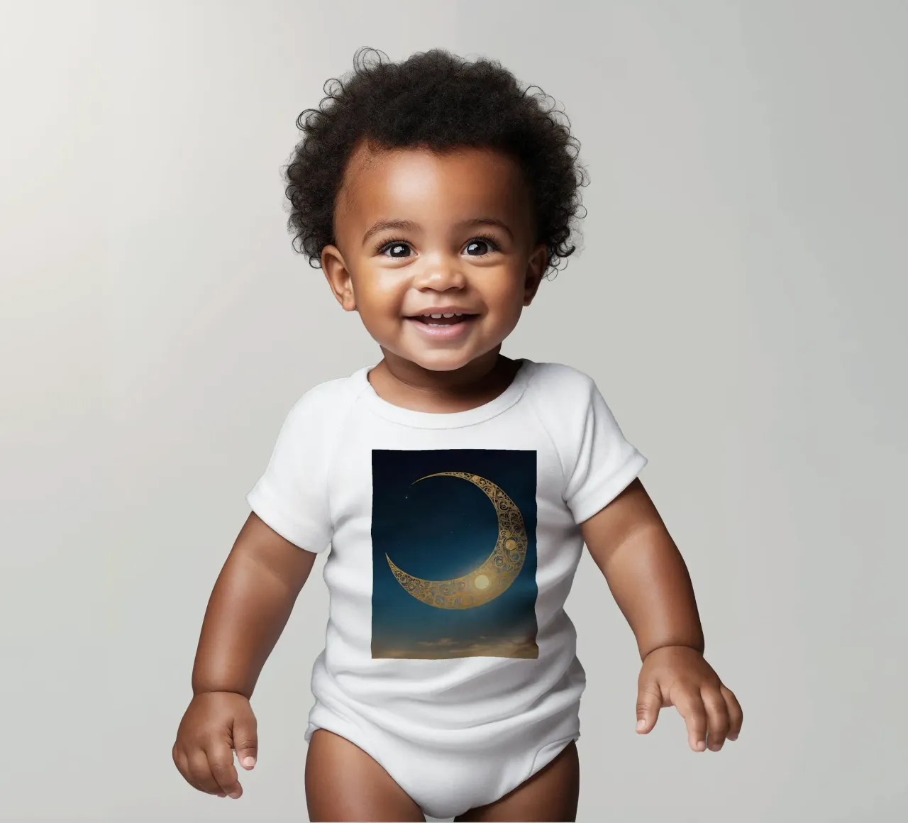 Golden crescent moon illuminated in a twilight sky at dusk short-sleeve baby romper by DesignDoodle