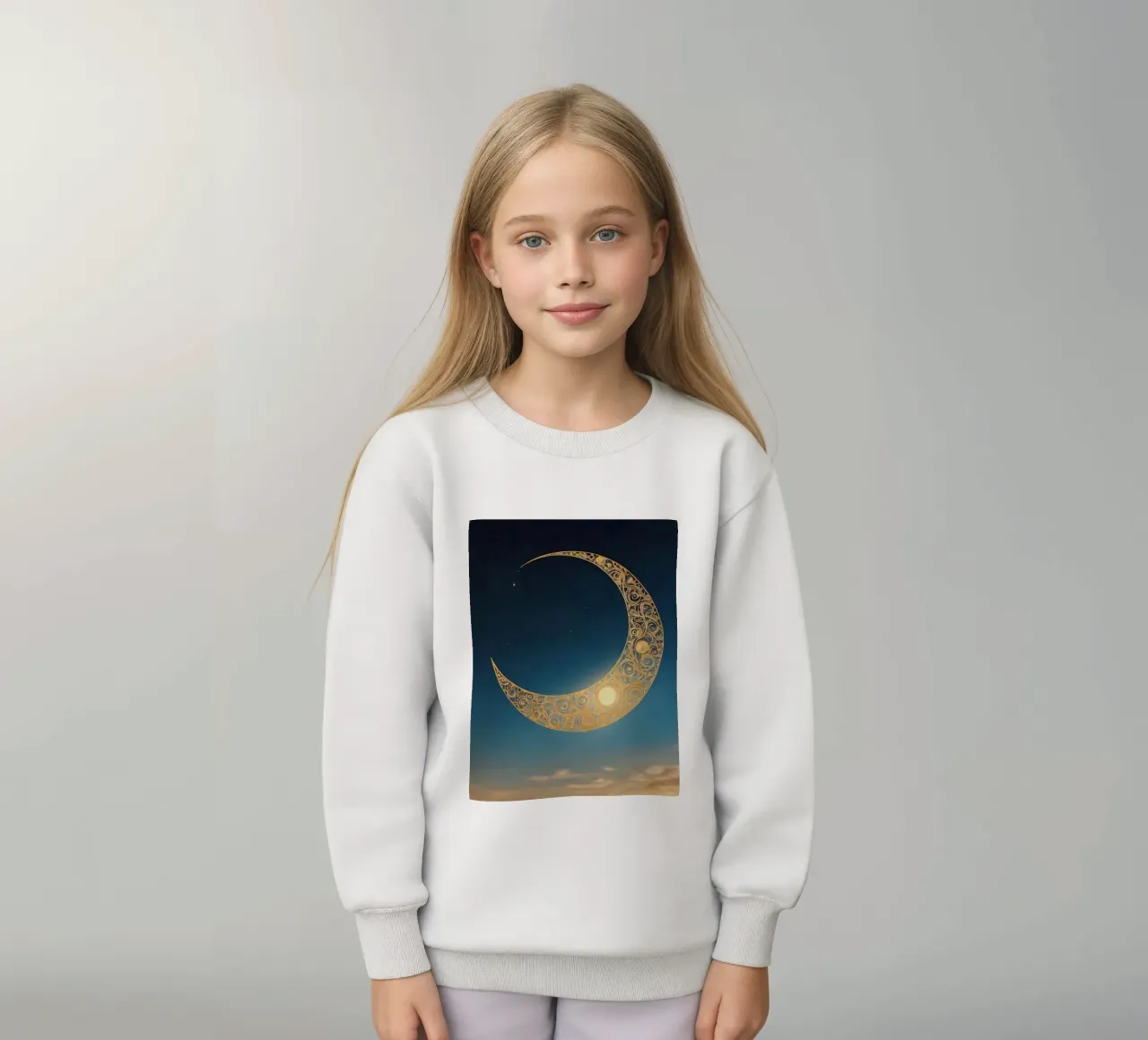 Golden crescent moon illuminated in a twilight sky at dusk kids sweatshirt by DesignDoodle