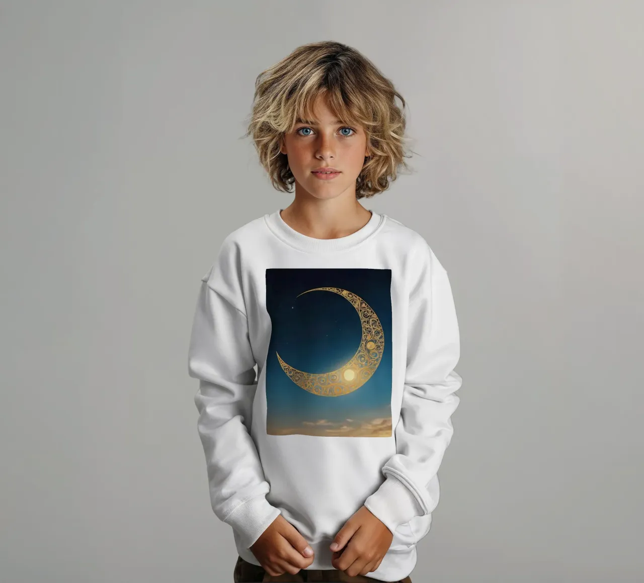 Golden crescent moon illuminated in a twilight sky at dusk kids sweatshirt by DesignDoodle