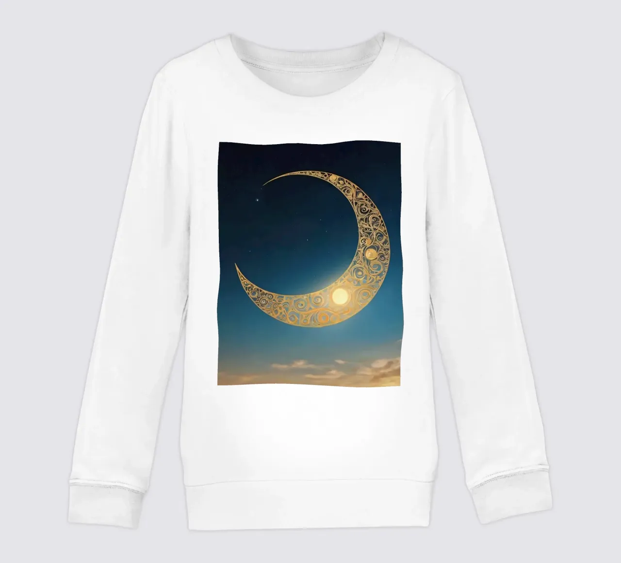 Golden crescent moon illuminated in a twilight sky at dusk kids sweatshirt by DesignDoodle
