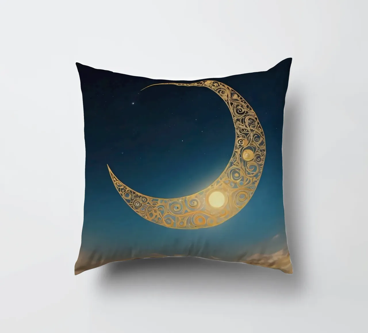 Golden crescent moon illuminated in a twilight sky at dusk decorative cushion by DesignDoodle