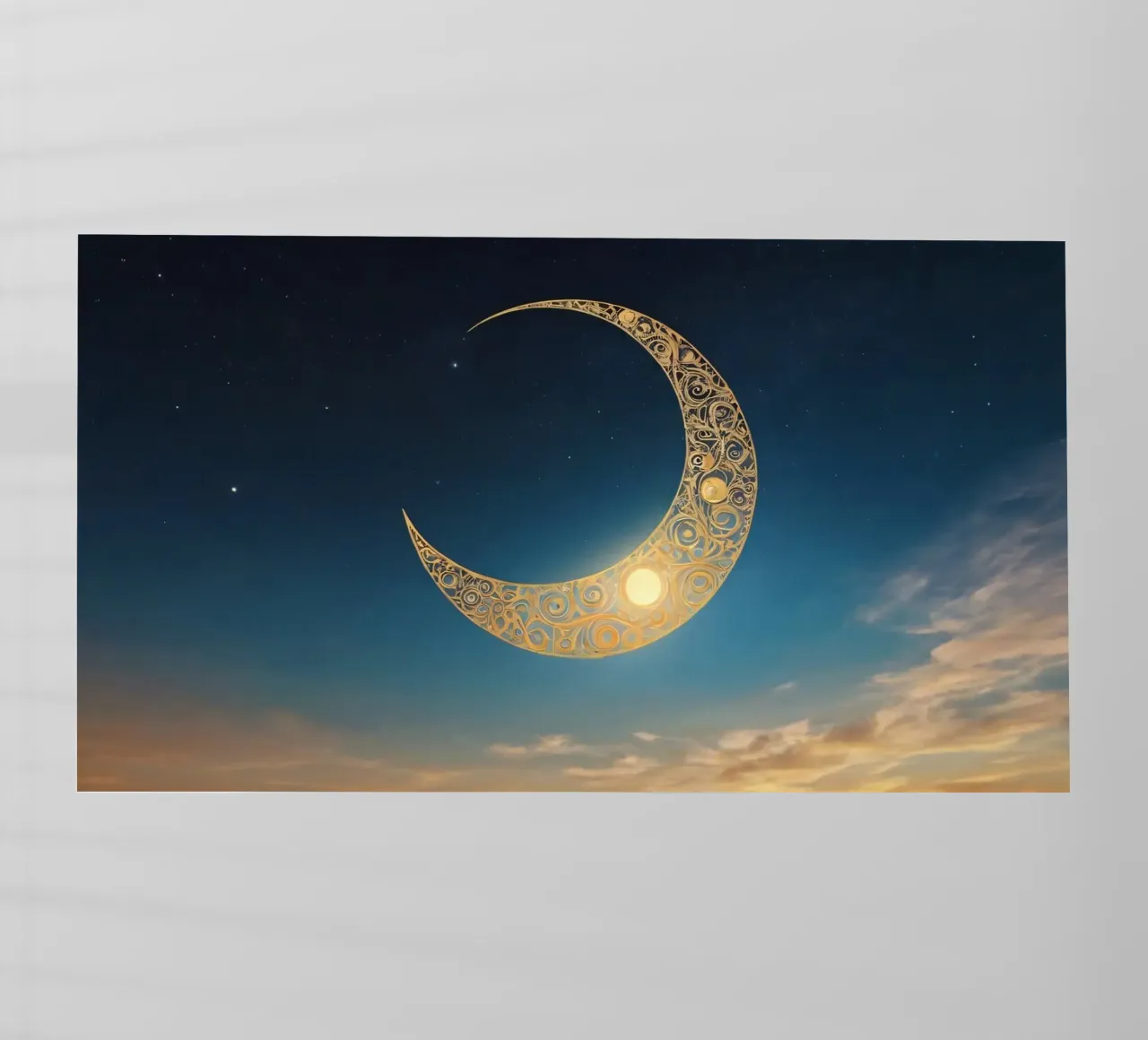 Luna crescente dorata illuminata in un cielo crepuscolare al tramonto pellicola backlit da DesignDoodle