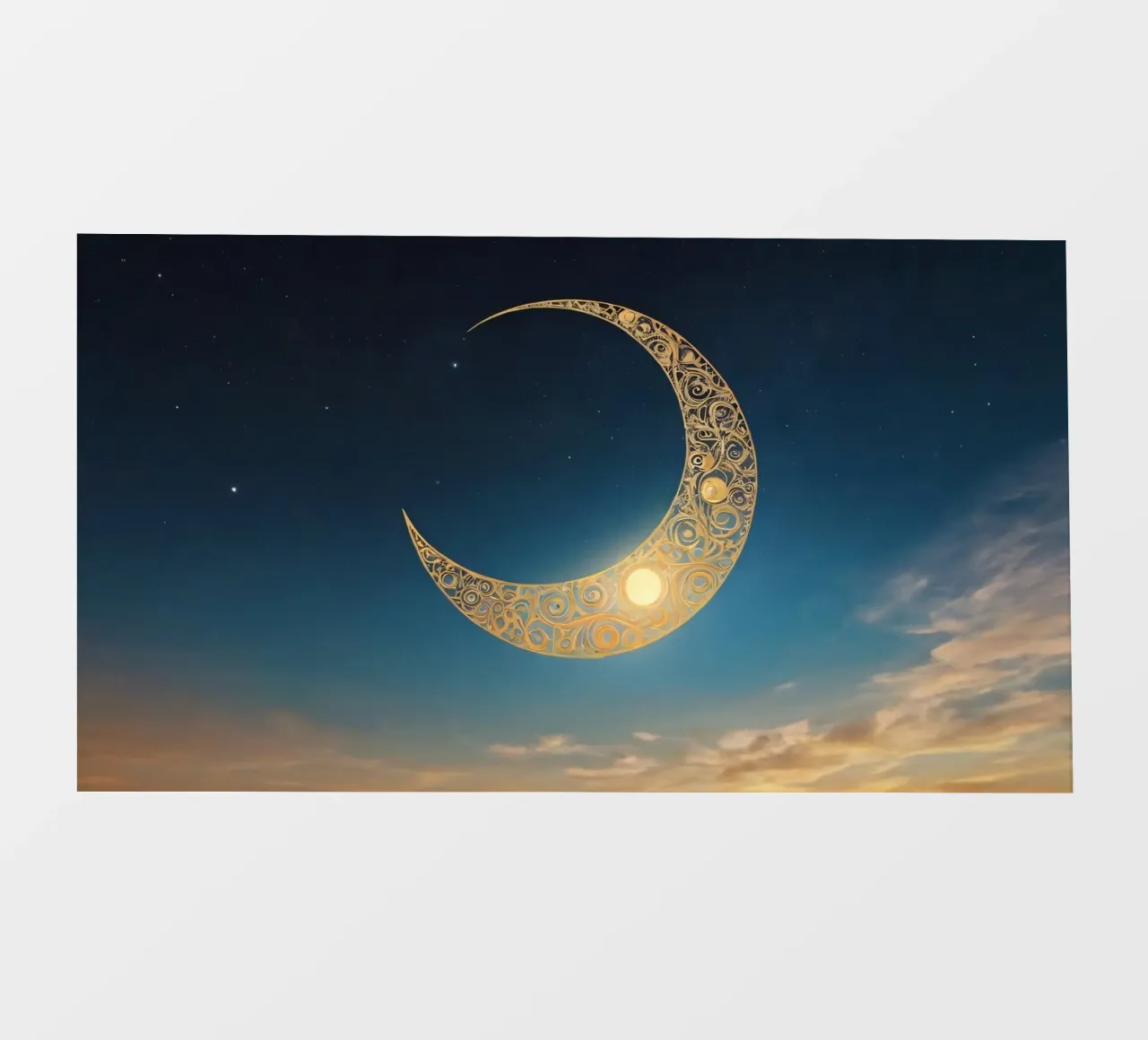 Luna crescente dorata illuminata in un cielo crepuscolare al tramonto pellicola backlit da DesignDoodle