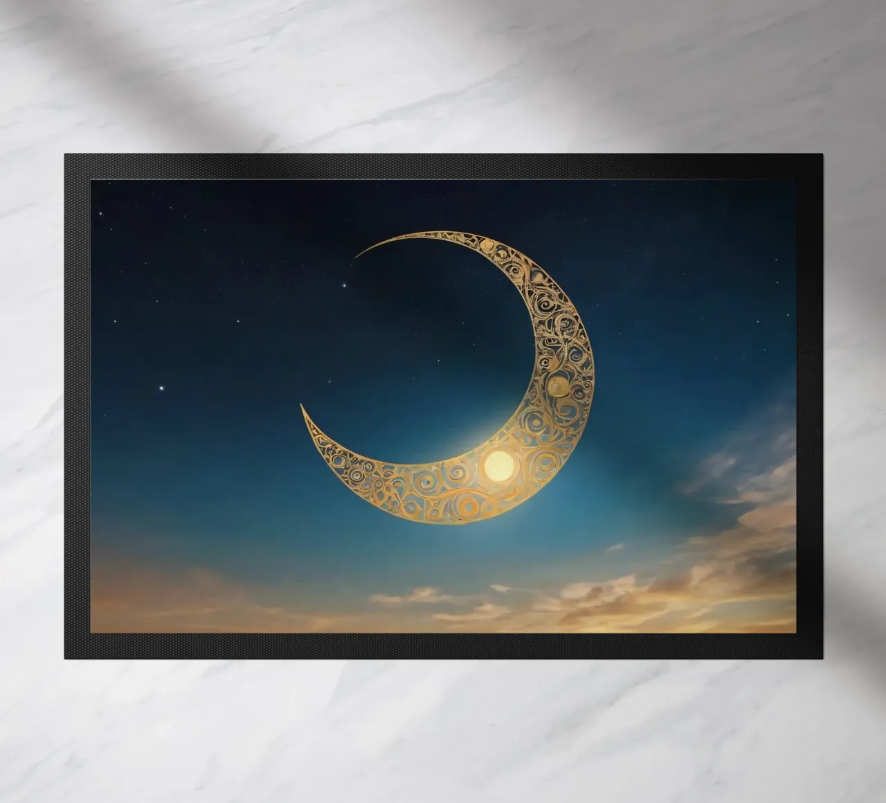 Golden crescent moon illuminated in a twilight sky at dusk doormat by DesignDoodle