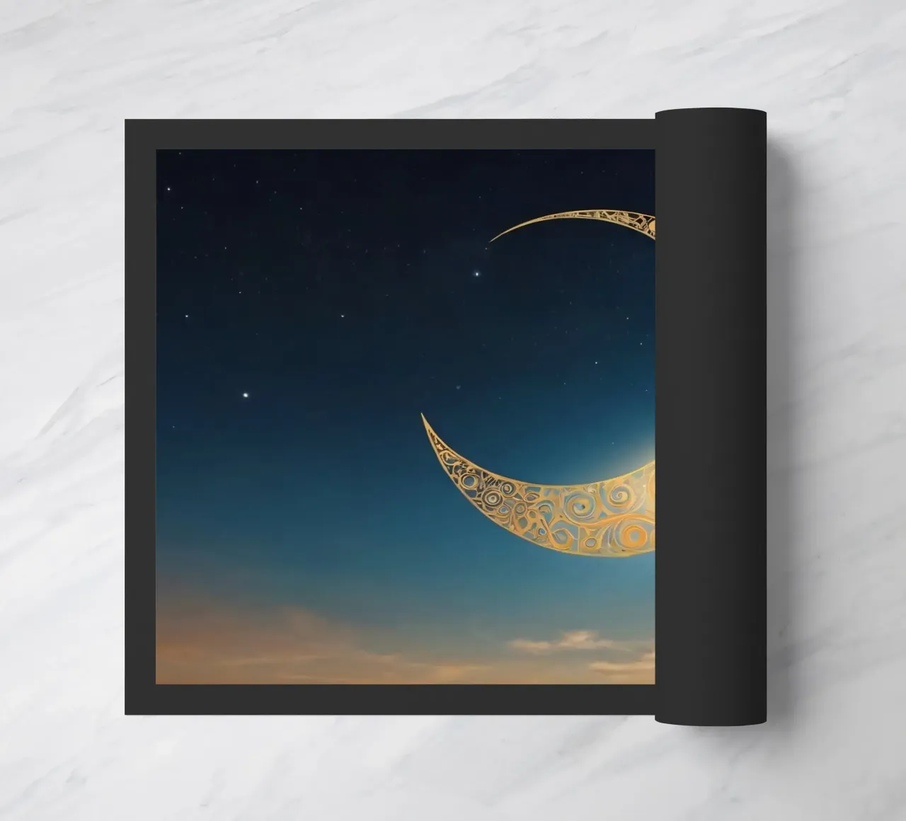 Golden crescent moon illuminated in a twilight sky at dusk doormat by DesignDoodle