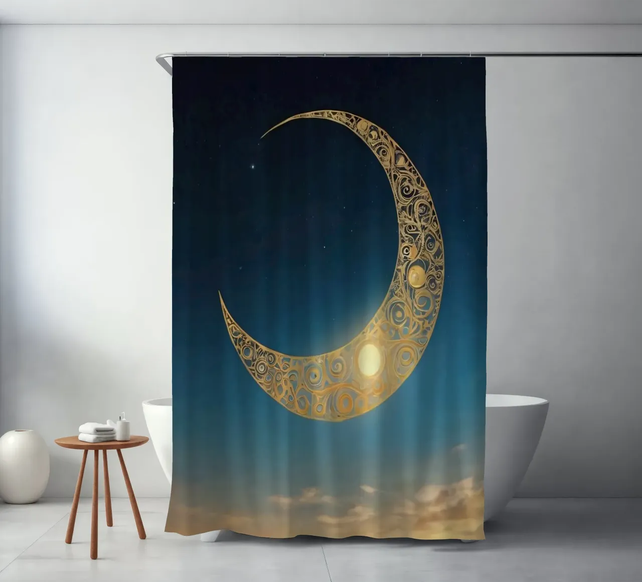Golden crescent moon illuminated in a twilight sky at dusk shower curtain by DesignDoodle