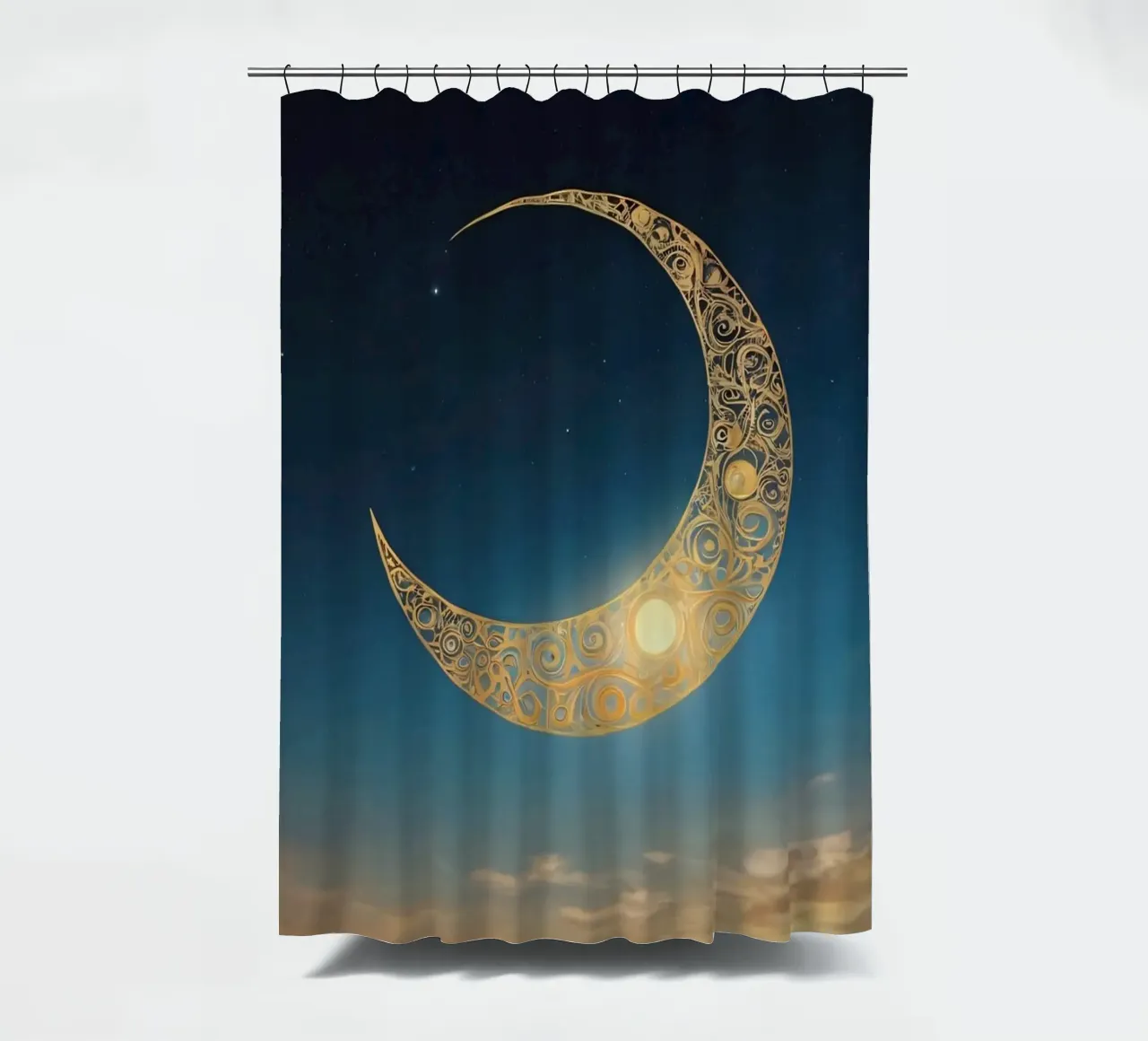 Golden crescent moon illuminated in a twilight sky at dusk shower curtain by DesignDoodle