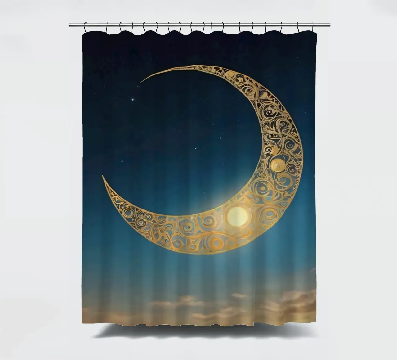 Golden crescent moon illuminated in a twilight sky at dusk shower curtain by DesignDoodle