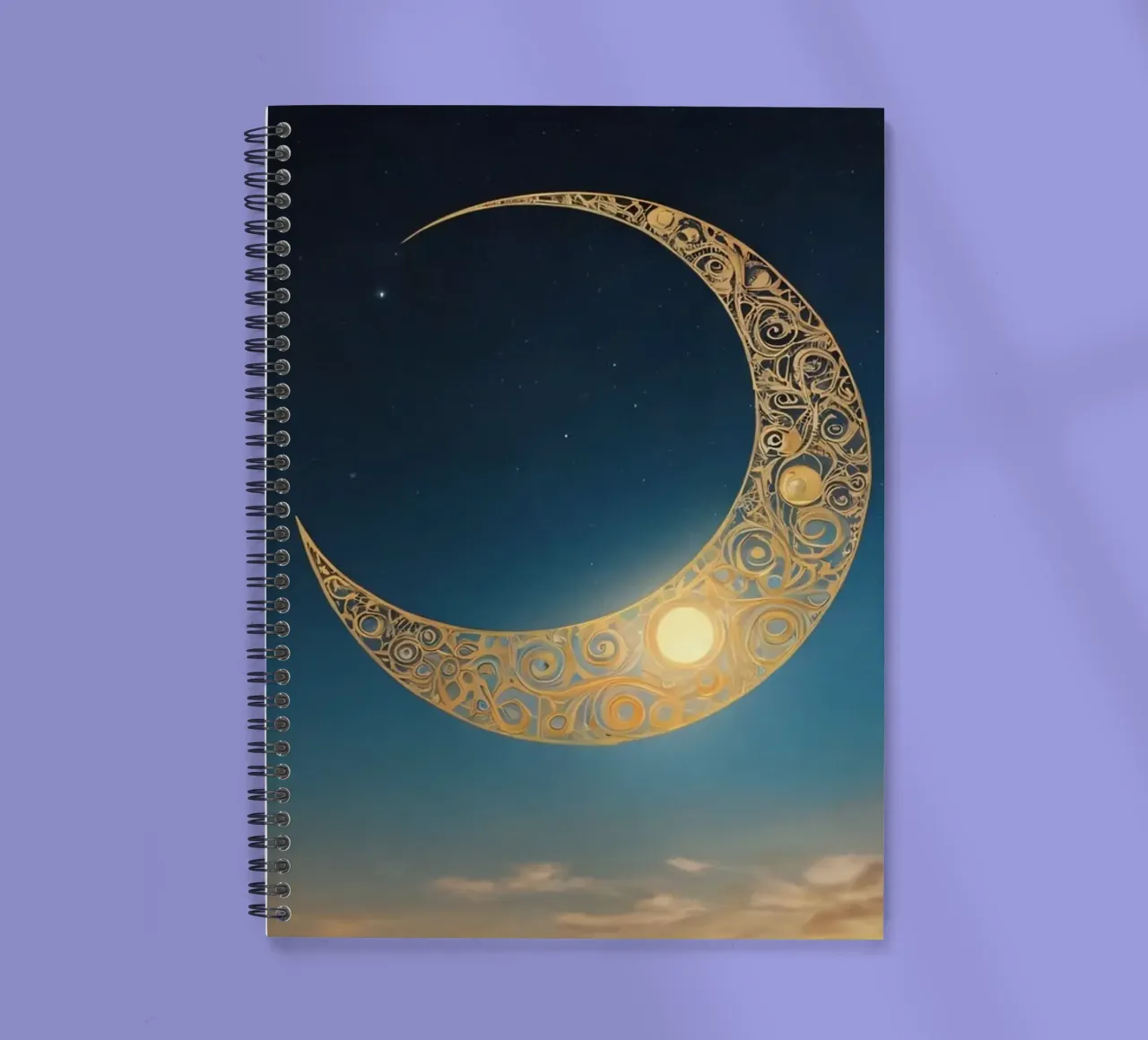 Golden crescent moon illuminated in a twilight sky at dusk spiral notebook by DesignDoodle