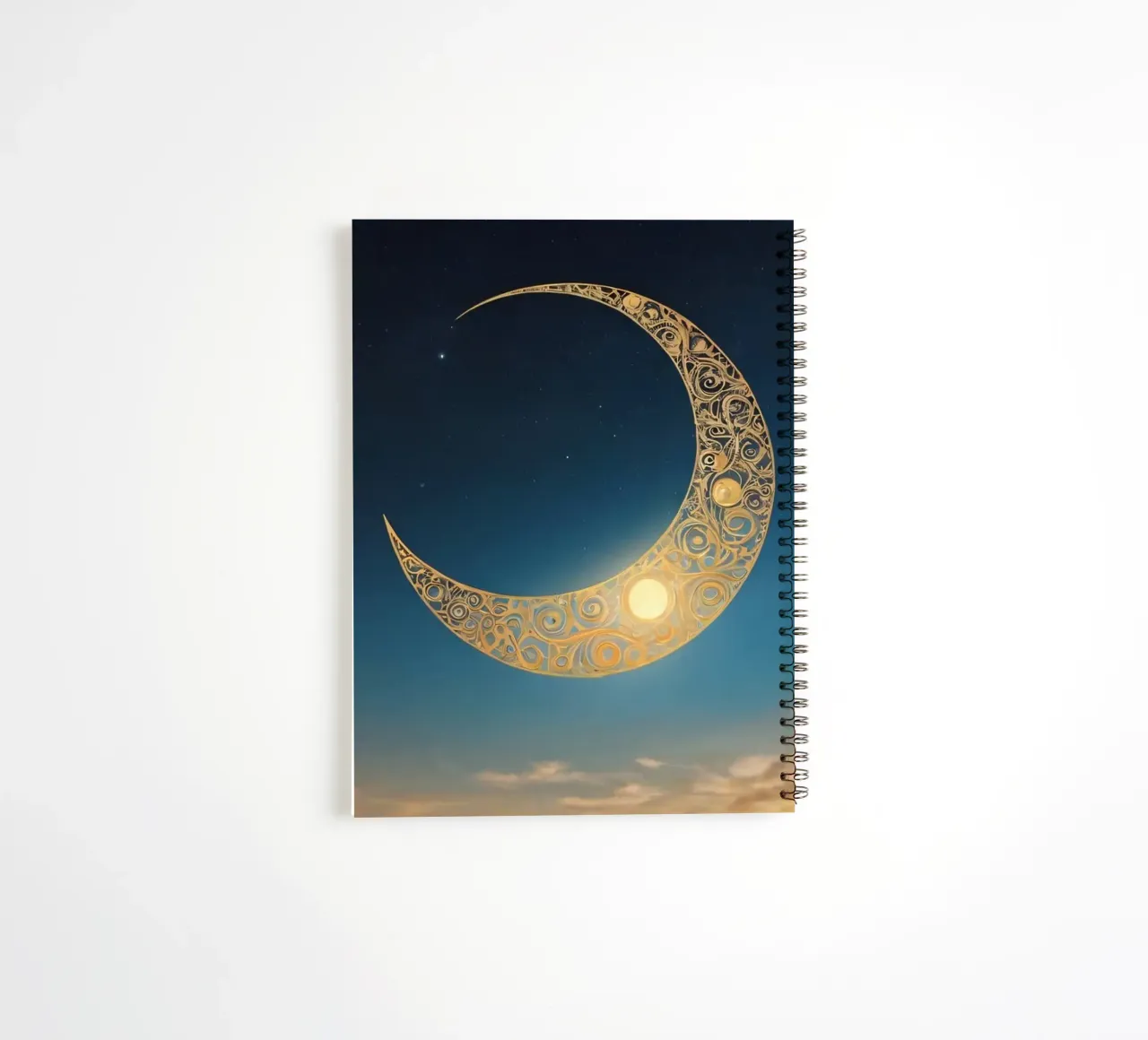 Golden crescent moon illuminated in a twilight sky at dusk spiral notebook by DesignDoodle