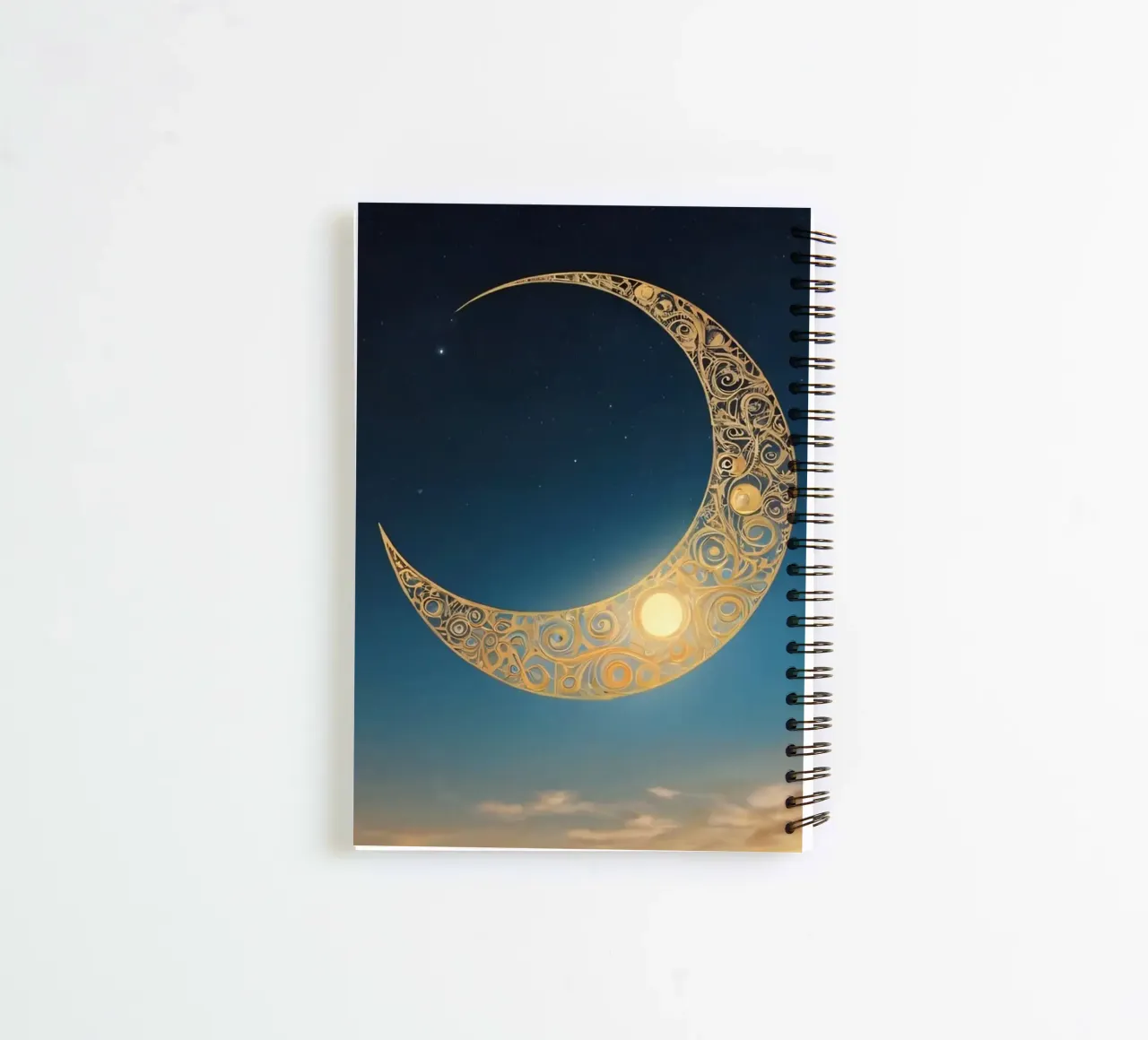 Golden crescent moon illuminated in a twilight sky at dusk spiral notebook by DesignDoodle