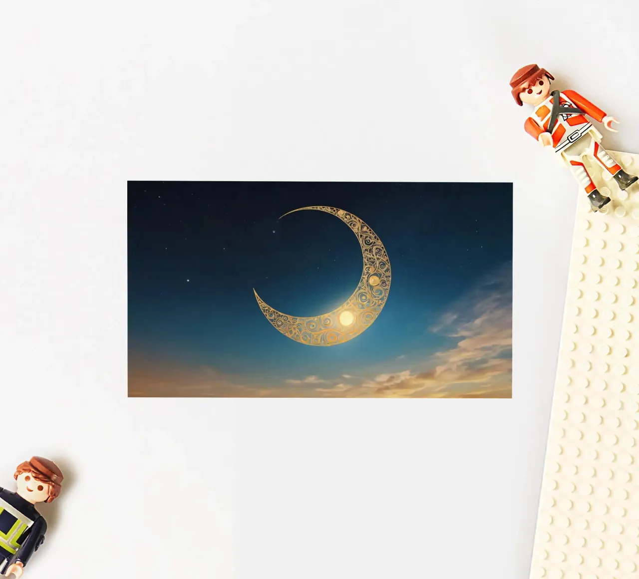 Golden crescent moon illuminated in a twilight sky at dusk sticker by DesignDoodle