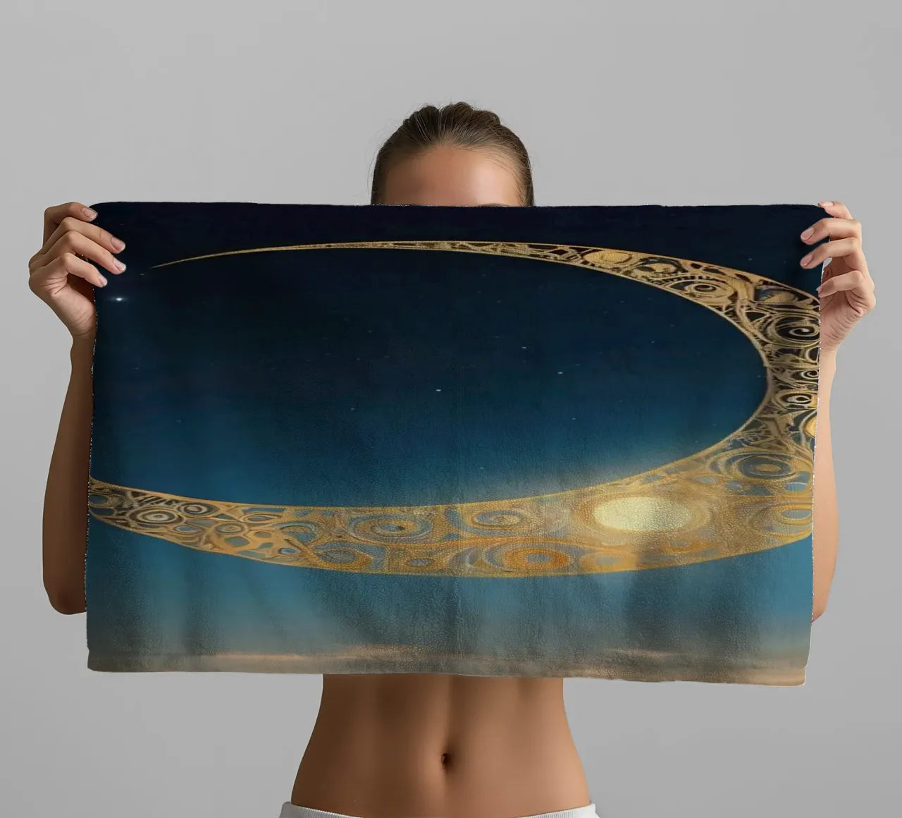 Golden crescent moon illuminated in a twilight sky at dusk towel by DesignDoodle