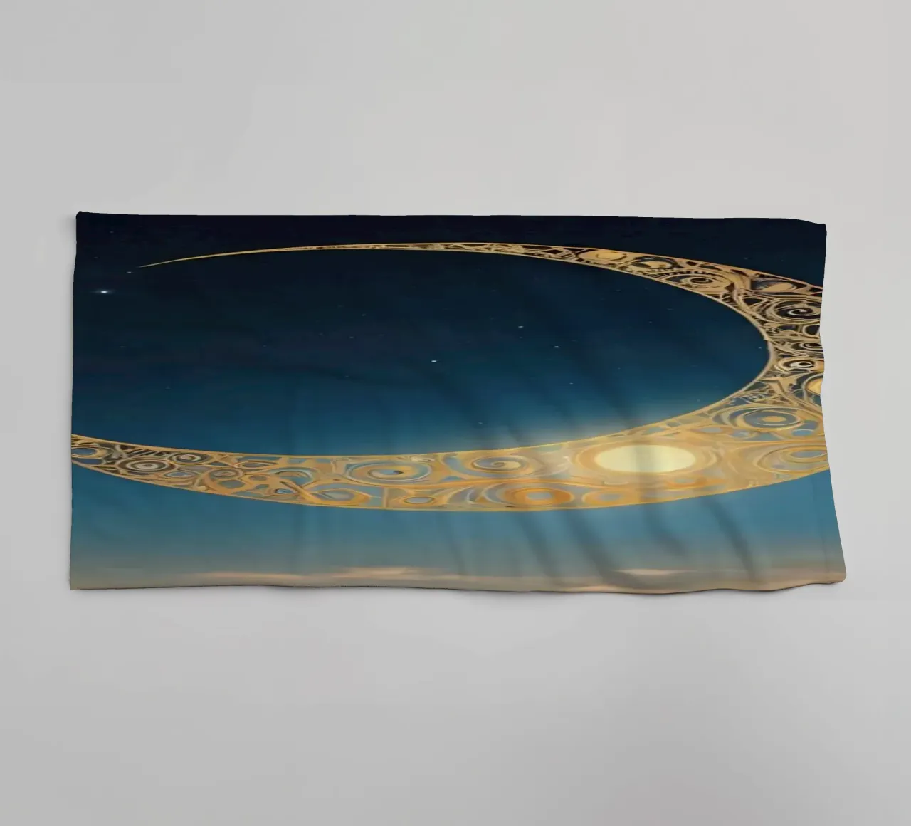 Golden crescent moon illuminated in a twilight sky at dusk towel by DesignDoodle