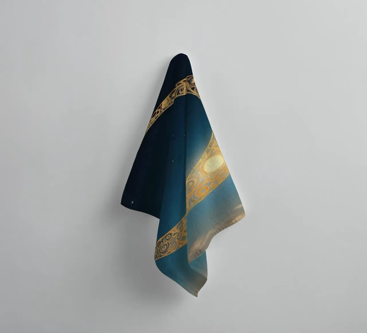 Golden crescent moon illuminated in a twilight sky at dusk towel by DesignDoodle