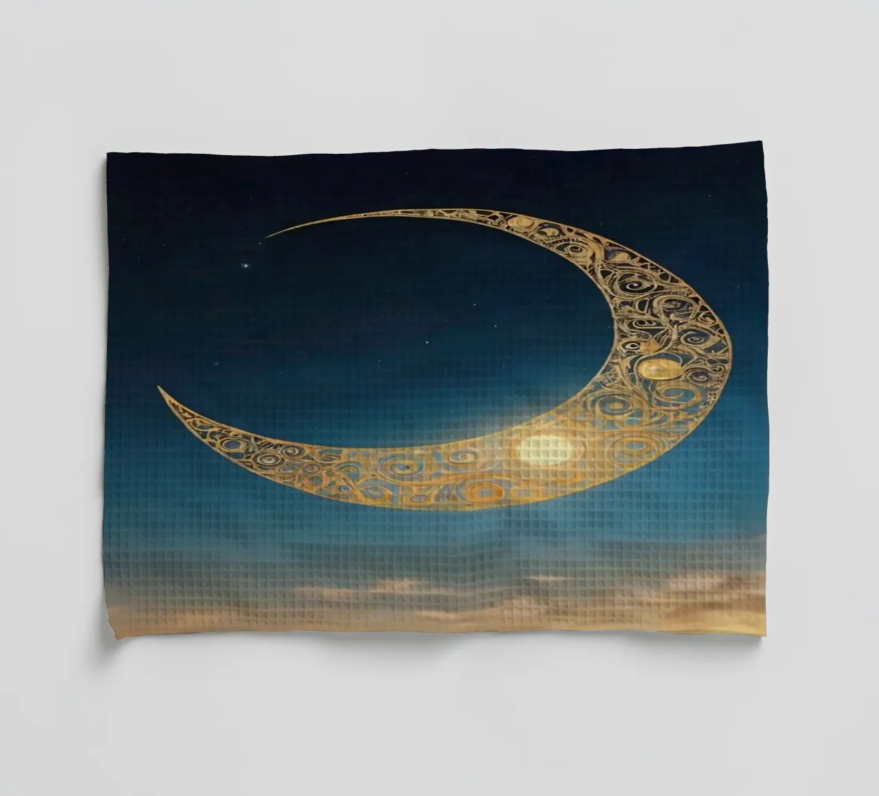 Golden crescent moon illuminated in a twilight sky at dusk tea towel by DesignDoodle