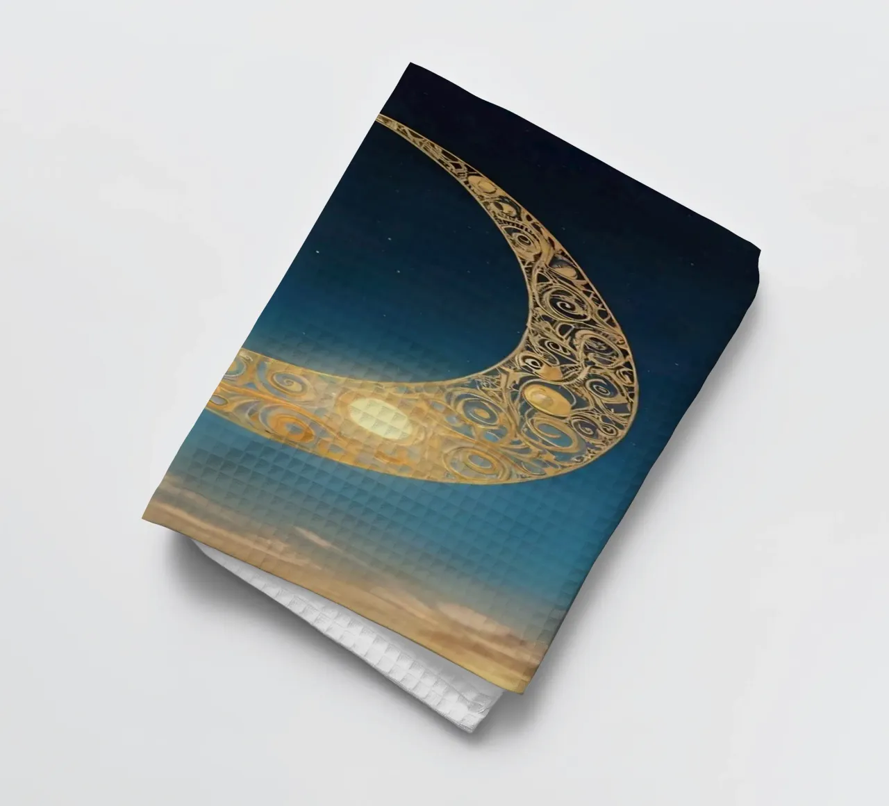 Golden crescent moon illuminated in a twilight sky at dusk tea towel by DesignDoodle