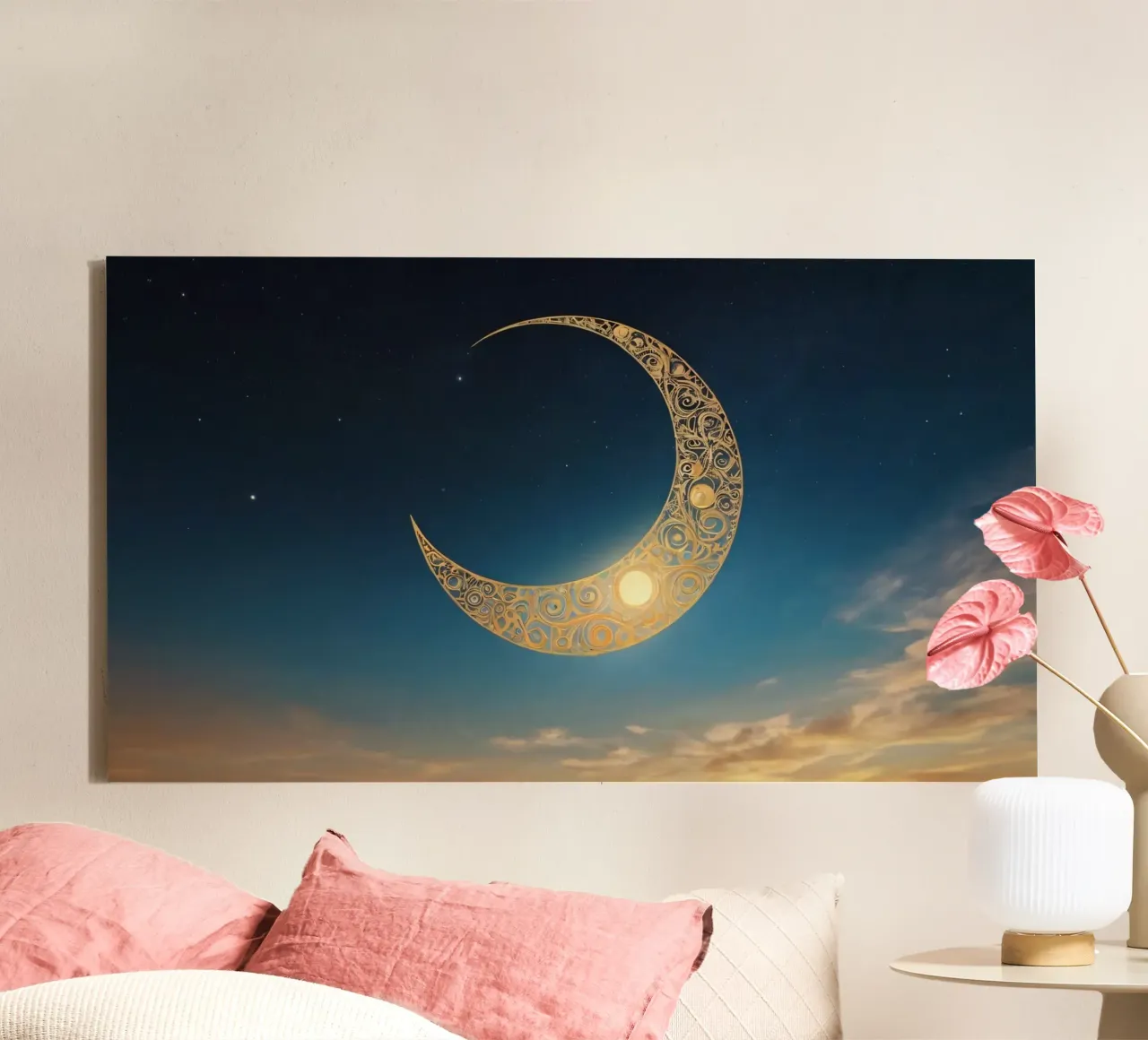 Golden crescent moon illuminated in a twilight sky at dusk canvas by DesignDoodle