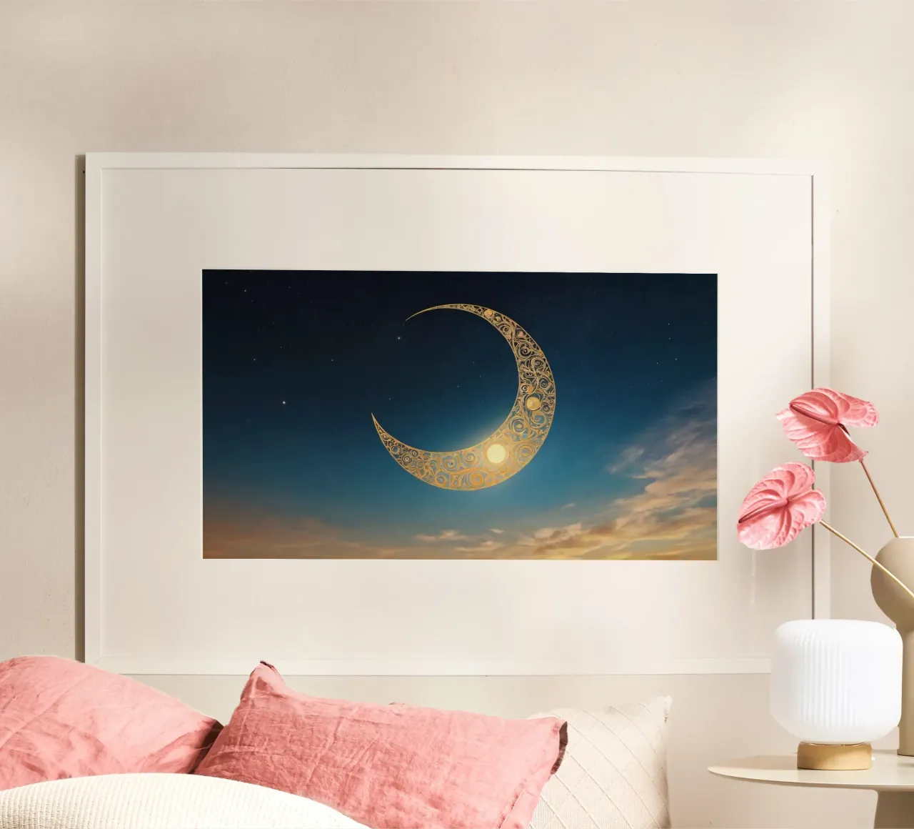 Golden crescent moon illuminated in a twilight sky at dusk hahnemühle by DesignDoodle