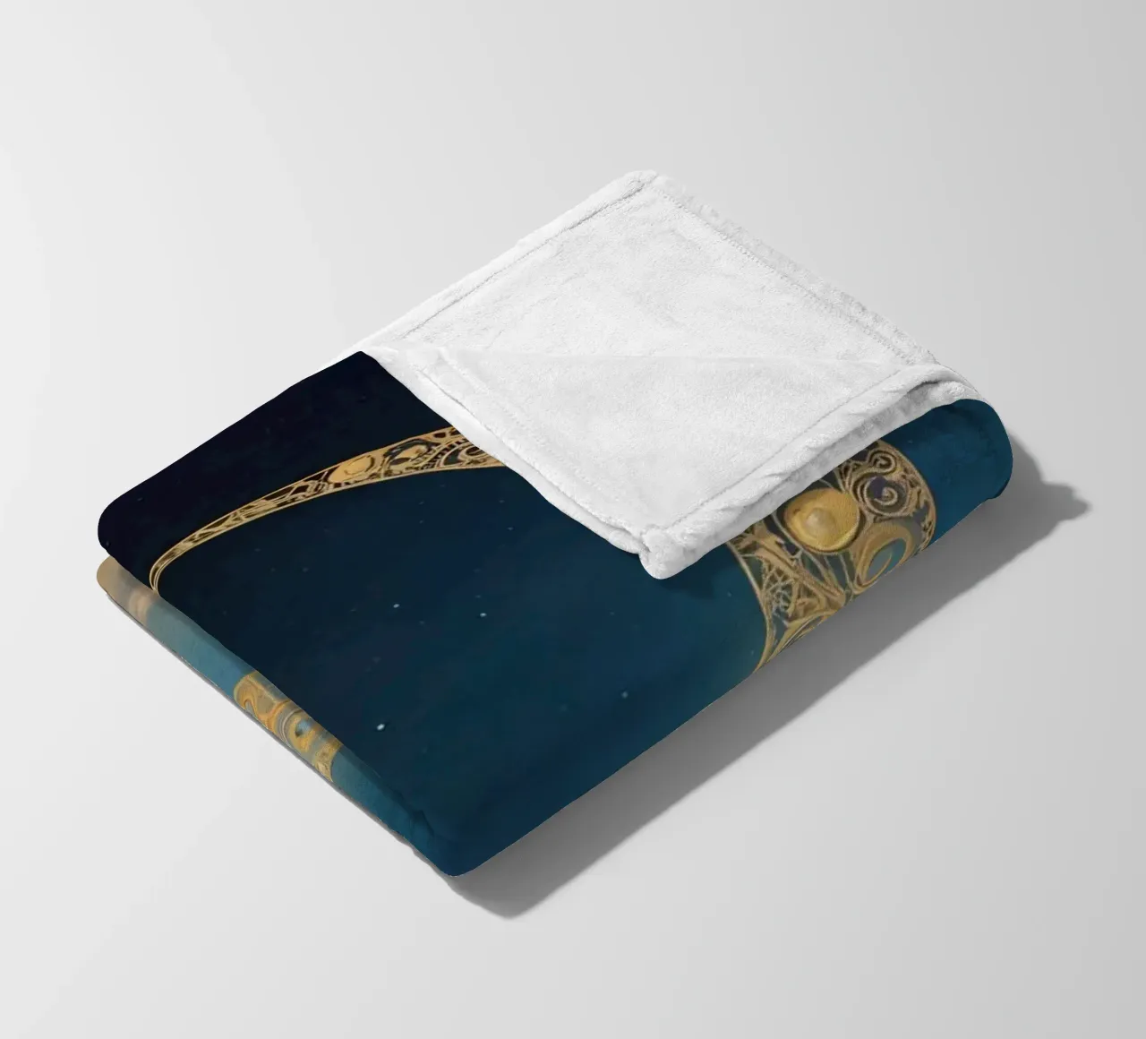 Golden crescent moon illuminated in a twilight sky at dusk fleece blanket by DesignDoodle